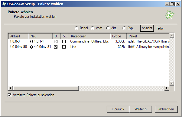 Die Liste der zu aktualisierenden Pakete einer OSGeo4W-Installation