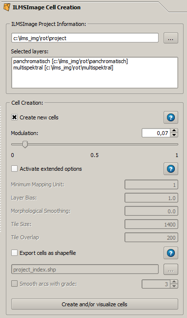 Das Zellbildungs-Panel ILMSImage des-Plugins für QuantumGIS