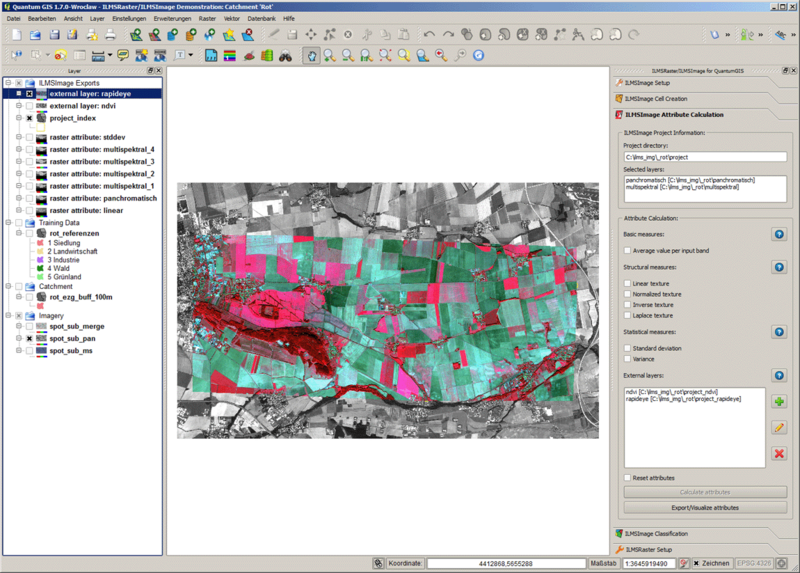 Skalierter und auf das Untersuchungsgebiet zugeschnittener RapidEye-Datensatz Import als nach externe Datenebene